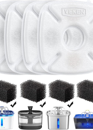 Veken Cat Water Fountain Filters, 8 Pack Replacement Filters & 8 Pack Replacement Pre-Filter Sponges Set for 50oz, 84oz, 95oz or 108oz Automatic Pet Fountain Dog Water Dispenser