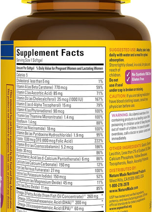 Nature Made Prenatal Vitamins for Women with Folic Acid + DHA, 110 Softgels | Prenatal Vitamin and Mineral Supplement for Daily Nutritional Support, With Folic Acid and 19 Other Nutrients, 110 Day Supply