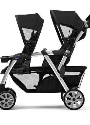 Chicco Cortina Together Double Stroller, 2-Seat, Foldable | Minerale Black/Silver, 100% polyester, fits 2 Chicco KeyFit seats, all-wheel suspension, baby travel stroller