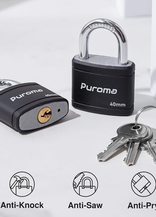 Puroma 2 Keyed Padlock with 3 Keys 7/8" School Locker Lock Gate 40mm Black | For Gym Locker Gate Outdoor, Keyed Alike, Hardened Steel Shackle, Weather-resistant, Resist cut & pry, Multi-pin cylinders