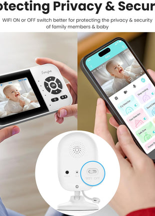 Simyke Smart Video Baby Monitor,2.8inch Display & 1080p Camera,WiFi/No WiFi Modes,Cry Detection,2-Way Audio Talk,VOX/ECO,Feeding Timer,Temperature Sensor,Night Vision,8 Lullabies, Supports 4 Cameras