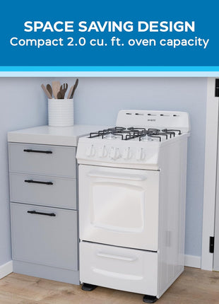 Avanti Gas Range Oven, Compact Freestanding Design, 4 Burners with Electronic Ignition, 2.1 Cu.Ft. Capacity Features Solid Door Storage Drawer Broiler and Accessories, 20-Inch, White