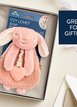 Itzy Ritzy - Itzy Lovey Including Teether - Baby Lovey with Teether, Textured Ribbons & Dangle Arms - Features Crinkle Sound, Sherpa Fabric and Minky Plush (Pink Bunny)