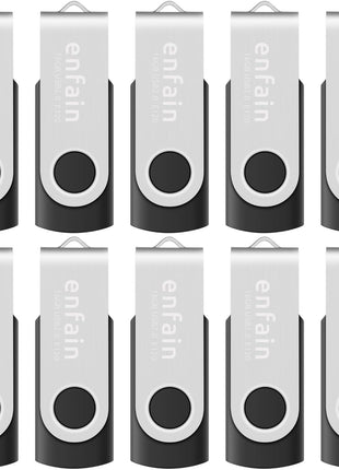 Enfain 16GB USB 2.0 Flash Drive 10 Pack | Swivel Thumb Drives with 31 Labels | Gift-Ready Packaging for Corporate Events, Office & Team Distributions (Black)