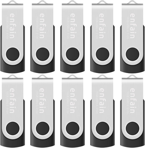 Enfain 16GB USB 2.0 Flash Drive 10 Pack | Swivel Thumb Drives with 31 Labels | Gift-Ready Packaging for Corporate Events, Office & Team Distributions (Black)