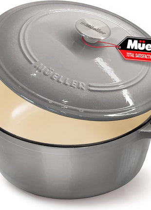 Mueller 6 Quart Enameled Cast Iron Pot Dutch Oven, Heavy-Duty | Oven-Safe up to 500°F & Across All Cooktops, Casserole Dishes for Ovens, Bread Pan with Lid & Knob, Cast Iron Cookware, Grey