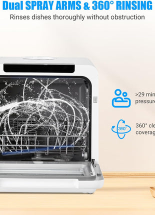 Portable Dishwasher Countertop, Dishwasher Countertop 5L Built-In Water Tank, No Hookup Needed, 5 Washing Programs, 360° Dual Spray, Baby Care & Air-Drying Function for Apartments