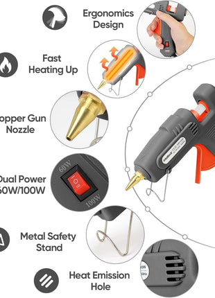 Full Size Hot Glue Gun with 60/100W Dual Power and 21 Hot Glue Sticks (7/16"), Fast Preheating Heavy Duty Industrial Gluegun with Storage Case for Crafting, DIY and Repairs (Gray)