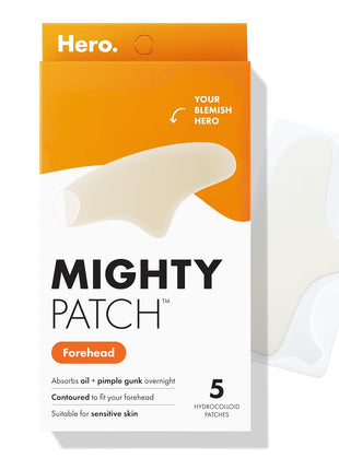 Mighty Patch Hero Cosmetics Forehead Large Acne Pimple Patches, 5 Ct | Hydrocolloid Acne Patches, Contoured to Cover Larger Area of Zits and Blemishes, Drug-Free, Suitable for Sensitive Skin