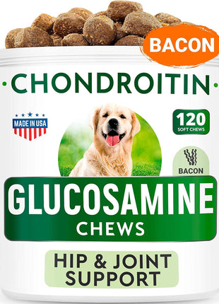 Glucosamine Bacon Flavor + Dog Probiotics Bundle - Joint Pain Relief + Gas, Diarrhea Relief - Chondroitin, MSM, Omega-3 + Digestive Enzymes, Prebiotics - Chewable Fiber - 300 Soft Chews - Made in USA