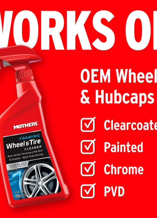 Mothers Foaming Wheel & Tire Cleaner, 24 oz. (05924) | Foaming Action Lifts Brake Dust & Grime, Safe for Factory-Coated Wheels, Restores, Cleans, Finishes Fast, Spot-Free Rinse