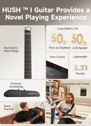 Donner HUSH I Guitar For Travel   Portable Ultra Light and Quiet Performance Headless Acoustic Electric Guitar, Mahogany Body with Removable Frames, Gig Bag, and Accessories Natural