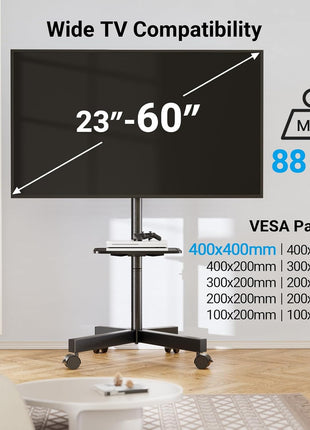 PERLESMITH Rolling TV Stand, Mobile TV Stand for 23-60 Inch LCD LED TVs, Tilt TV Stand Wheels Holds up to 88Lbs, Portable TV Stand for Bedroom with Shelf, Outdoor TV Stand Max VESA 400x400mm PSTVMC06