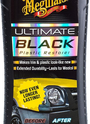 Meguiar's Ultimate Black Plastic Restorer, Durable Car Restorer for Faded Black Plastic, Vinyl, and Rubber, Restores Deep Color and Shine, for Car Guys, 12 Oz