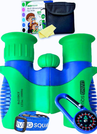 Kids Binoculars 8x21 Shockproof Green - Ages 3-12 with Case Neck Strap Compass Carabiner | High Resolution Optics for Bird Watching Camping Hiking | Birthday Gift Boys Girls