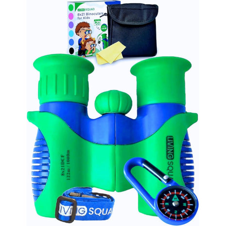 Kids Binoculars 8x21 Shockproof Green - Ages 3-12 with Case Neck Strap Compass Carabiner | High Resolution Optics for Bird Watching Camping Hiking | Birthday Gift Boys Girls