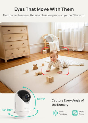 Dr.Care VistaView 5inch Smart WiFi Baby Monitor with Clip Mount - 2K HD Camera, App Control, Cry & Motion Alerts, Night Vision, 5000mAh Battery, 2-Way Talk, Multi-User, Triple Security