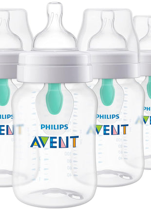 Philips Avent Anti-Colic Baby Bottle with AirFree Vent, Medium Flow, 9 oz | For Ages 1 Month+, Reduces Colic, Gas & Reflux, Flow 2 Nipple with Secure Latch System, BPA-Free, 4-Pack, Clear, SCY703/04