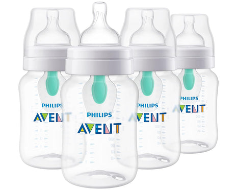 Philips Avent Anti-Colic Baby Bottle with AirFree Vent, Medium Flow, 9 oz | For Ages 1 Month+, Reduces Colic, Gas & Reflux, Flow 2 Nipple with Secure Latch System, BPA-Free, 4-Pack, Clear, SCY703/04