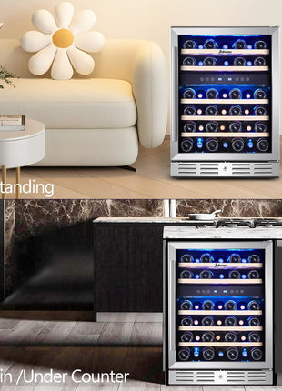Kalamera 24 inch Wine Cooler, 37 Bottle Dual Zone Built-in or Freestanding | Wine Fridge with Stainless Steel Reversible Glass Door, for Home, Kitchen or Office