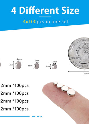 RHINOCATS 400Pcs Small Magnets, 4 Different Sizes Tiny Mini Magents, Multi-Use for Fridge, DIY, Office, Hobbies, Crafts and Science