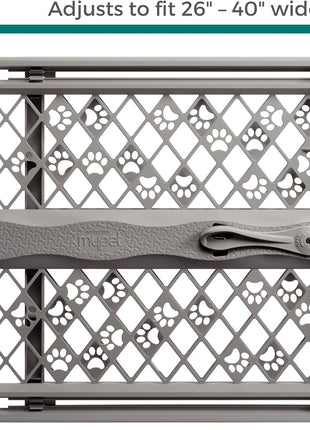 MYPET Paws Portable Pet Gate: 26-40" Wide Expandable, Pressure Mounted No Tools Needed, Durable Dog Gate for Doorways, Made in USA, 23" Tall, Fieldstone Gray
