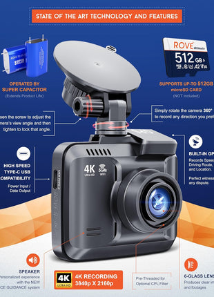 ROVE R2-4K PRO Dash Cam, Built-in GPS, 5G WiFi Dash Camera for Cars, 2160P UHD 30fps Dashcam with APP, 2.4 inch IPS Screen, Night Vision, WDR, 150° Wide Angle, 24-Hr Parking Mode, Supports 512GB Max