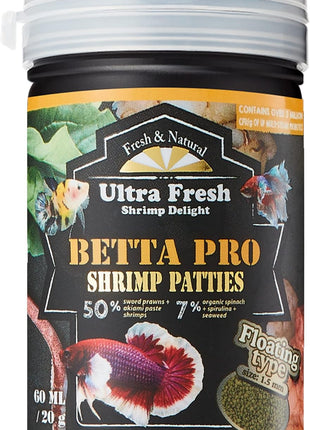 Ultra Fresh Betta Fish Food, Pro Shrimp Patties, 50% Sword Prawns + Akiami Paste Shrimps, All Natural Protein, Rich in Calcium, for Betta's Healthy Development and Cleaner Water, 0.7 oz