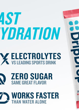 DripDrop Sugar Free Hydration Packets   Zero Classic Variety Pack   Single Serve Electrolytes Powder Drink Mix   Lemon Lime, Watermelon, Peach, Passion Fruit   Non GMO, Gluten Free, Vegan   32 Sticks
