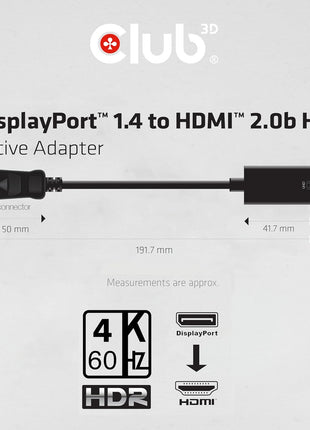 Club 3D CAC-1080 DisplayPort 1.4 to HDMI 2.0b HDR Active Adapter M/F | UHD 4096x2160 output, plug and play on Windows and Mac, links laptops and graphics cards to monitors and TVs