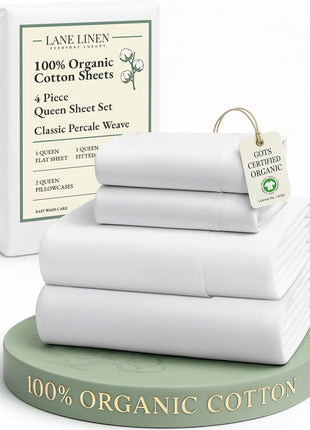 LANE LINEN Queen Sheets 100% Organic Cotton 4pc Percale Cooling - White | Queen Sheet Set, GOTS Certified Organic Cotton Percale - Crisp, Cool & Breathable, For Hot Sleepers, All-Season Comfort