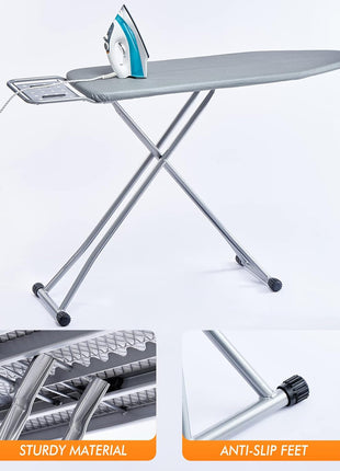 BKTD Ironing Board, Heat Resistant Cover Iron Board with Steam Rest, Non Slip Foldable Ironing Stand. Heavy Sturdy Metal Frame Legs Iron Stand(13 * 34 * 53 Inches) (Silver Gray)