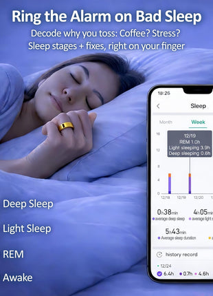 Smart Ring Health & Fitness Tracker for Men & Women, Heart Rate, SPO2, Sleep & Activity Monitoring, IP68 Waterproof, Long Battery Life, Family Care Mode, No Subscription Fee (Gold, 8)