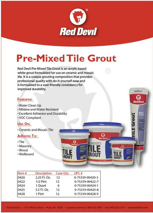 Red Devil 0425 Pre-Mixed Tile Grout - Professional Quality, Excellent Adhesion, Ideal for Wall & Floor Use - 5.5 oz, White, Made in USA