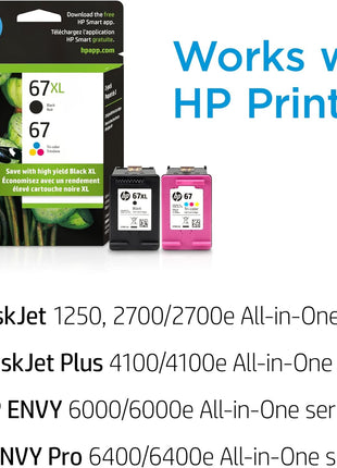 HP Original 67 Tri-Color / 67XL Black Ink Cartridges (2-Pack) | Works DeskJet 1255, 2700, 4100 Series Envy 6000, 6400 Series | Eligible for Instant Ink | 3YP30AN