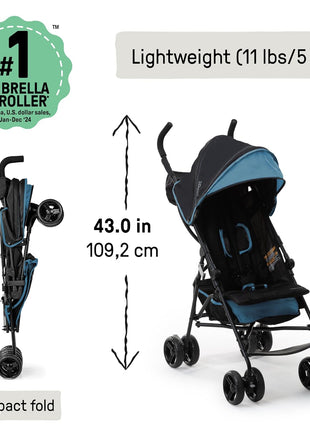 Ingenuity 3D Mini Convenience Stroller – Lightweight Stroller with Compact Fold, Multi-Position Recline, Canopy with Pop Out Sun Visor – Umbrella Stroller for Travel & More, Blue/Black