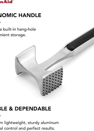 KitchenAid Gourmet Multi Sided Meat Tenderizer for Pounding Meats, Nuts, Shellfish, ect, Hang Hole for Easy Storage, Hand Wash, One Size, Black
