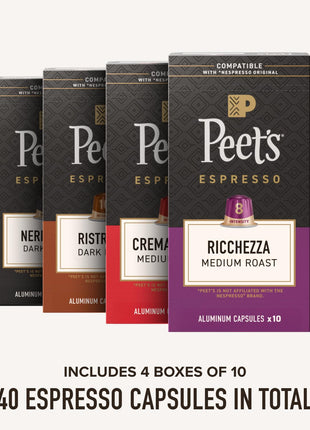 Peet's Coffee, Dark and Medium Roast Espresso Capsules Variety Pack, Compatible with Nespresso Original Machine, 100% Arabica Coffee - Intensity 8-11, 40 Count (4 Boxes of 10 Espresso Capsules)