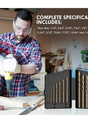 MACXCOIP Cobalt Drill Bit Set, 13Pcs M35 High Speed Steel Jobber Length Drill Bit Kit for Hardened Metal, Stainless Steel, Cast Iron, Wood and Plastic, with Index Storage Case, 1/16 inch-1/4 inch