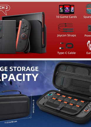 TiMOVO Carrying Case for Nintendo Switch 2 (2025), Black | Large Capacity, Hard Shell Protective, 10 Game Card Slots, Pockets for Console & Accessories, Portable Travel Pouch