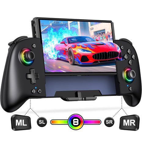 Gammeefy Switch Controller – Hall Effect Joysticks & Enhanced Grip – One Piece Switch Joypad Replacement Switch Pro Controller with 8-Color RGB Lighting, Turbo, Macros - Black, 6.2"/7"