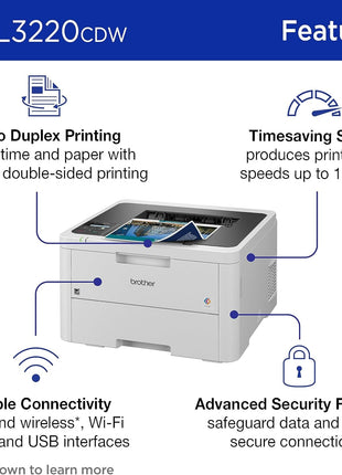 Brother Color Laser Printer with Wireless Printing Fast 19 PPM Output, Duplex Feature, Mobile Device Compatible, 250-Sheet Paper Tray for Professional Home Office Printing (HL-L3220CDW)