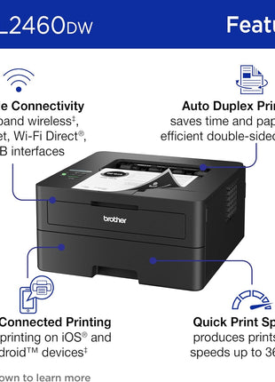Brother HL-L2460DW Wireless Compact Monochrome Laser Printer with Duplex, Mobile Printing, Black & White Output | Includes Refresh Subscription Trial(1), Works with Alexa | Mobile printing