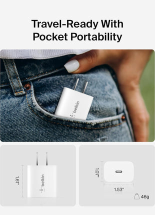 Belkin 20W Compact USB C Charger Block, Fast Charging for Travel | iPhone Charger Fast Charging, iPhone 17, Samsung Galaxy S25, Google Pixel 10, iPad, AirPods, Apple Watch