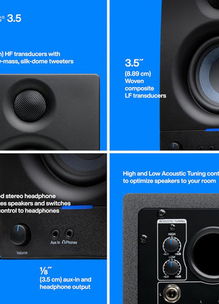 PreSonus Eris 3.5 Powered Studio Monitors, Pair — 3.5" Active Near | -Field Desktop Speakers for Music Production, Gaming, Movies & Hi-Fi | 50W, Woven-Composite Woofer, Silk-Dome Tweeter, Black