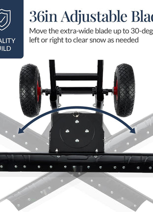 Best Choice Products 36in Heavy-Duty 2-Wheel Snow Pusher Hand Plow for Snow Removal w/Wheels, Adjustable Handle, Blade Angle, Reflective Tape - Black