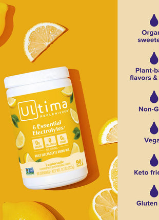 Ultima Replenisher Daily Electrolyte Powder Drink Mix, 90-Serving Canister | Zero Sugar Lemonade Hydration Powder with 6 Electrolytes & Minerals - Sugar Free, Plant-Based & Keto Friendly