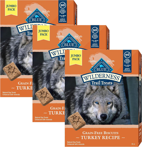 Blue Buffalo Wilderness Trail Treats Crunchy Dog Biscuits Grain-Free and High-Protein Dog Treats, Turkey Recipe 36-oz Box (Pack of 3)