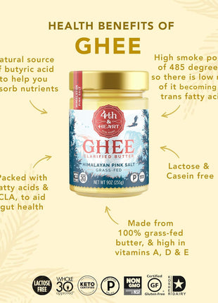 4th & Heart Himalayan Pink Salt Grass-Fed Ghee, Clarified Butter, 1:1 Butter Substitute, Pasture-Raised, Lactose & Casein Free, 9 oz