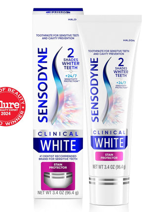 Sensodyne Clinical White Toothpaste Clinically Proven Whitening for Sensitive Teeth, Stain Protector, 3.4 oz